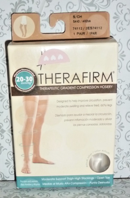 THERAFIRM 20-30 mmHg OPEN TOE THIGH HIGH STOCKINGS SZ. SMALL SAND #