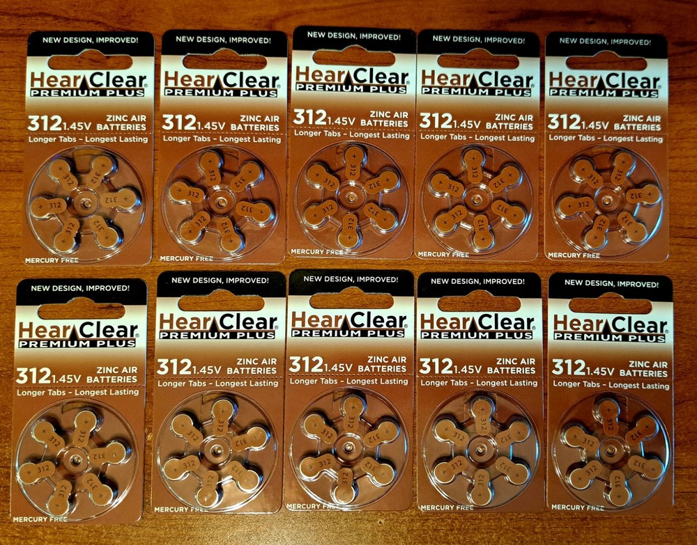HearClear Size 312 Zinc Air 1.45V Hearing Aid Batteries Lot Of 10 6-Packs (60)