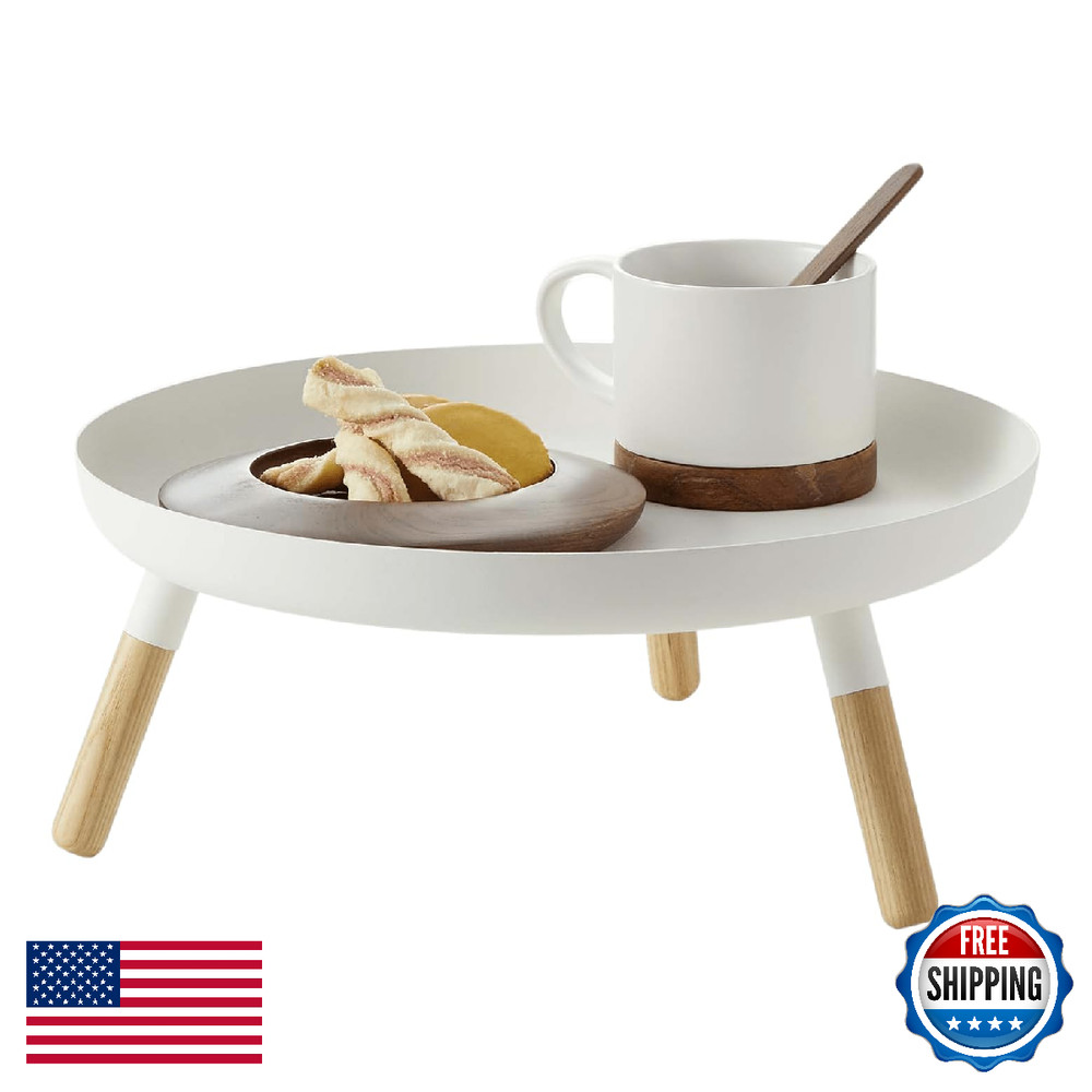 Yamazaki Home Plain Metal Pedestal Table Tray Wooden Legs For Countertop Or
