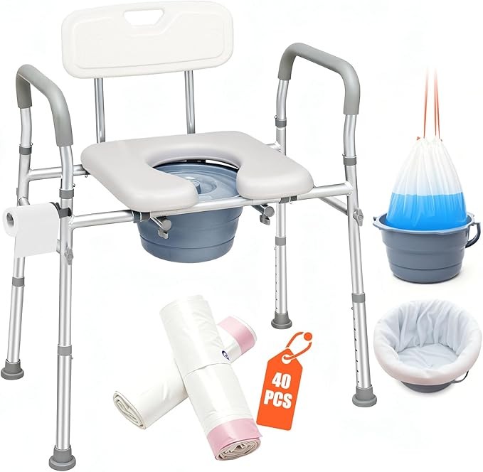 Bedside Commode with Padded Seat & Backrest 3 in 1 , 40 Liners, 6.5QT Bucket