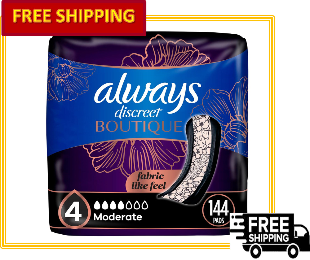 Always Discreet Boutique Incontinence Pads Moderate Absorbency, Regular – 144 Ct