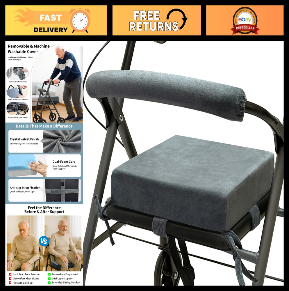 Memory Foam Walker Seat Cushion for Seniors – Washable Backrest Pad with Straps