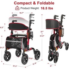 Foldable Rollator Walker 350 lb Capacity w/ 18″ Seat & 8″ Wheel Rolling Walker