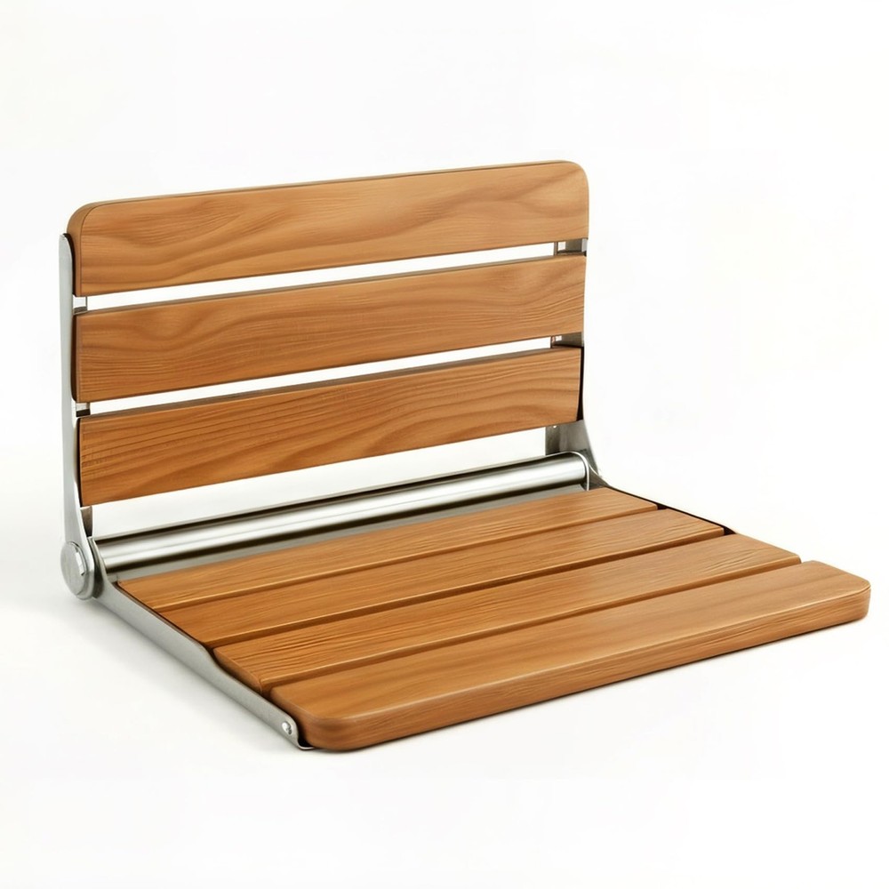 Flngr 16in Wall Mounted Folding Shower Seat Teak Wood 400lb Capacity Bench
