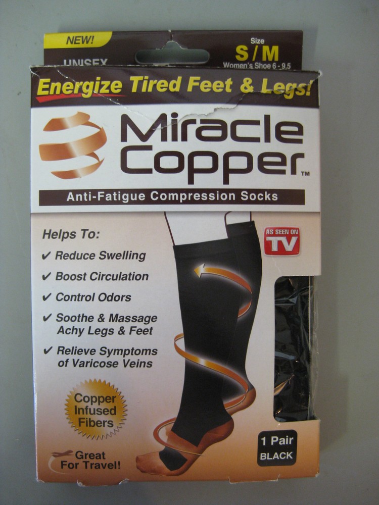 Miracle Copper Anti-Fatigue Compression Socks, S/M, Black, 1 Pair, NIB, Unisex