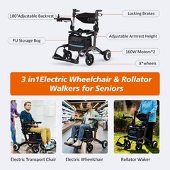 3 in 1 Electric Wheelchair Rollator Walker Foldable Lightweight Carbon Fiber
