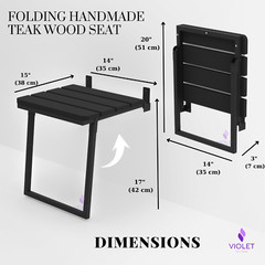 Folding Handmade Teak Wood Seat with Legs, Wall Mount, Black, ADA Compliant