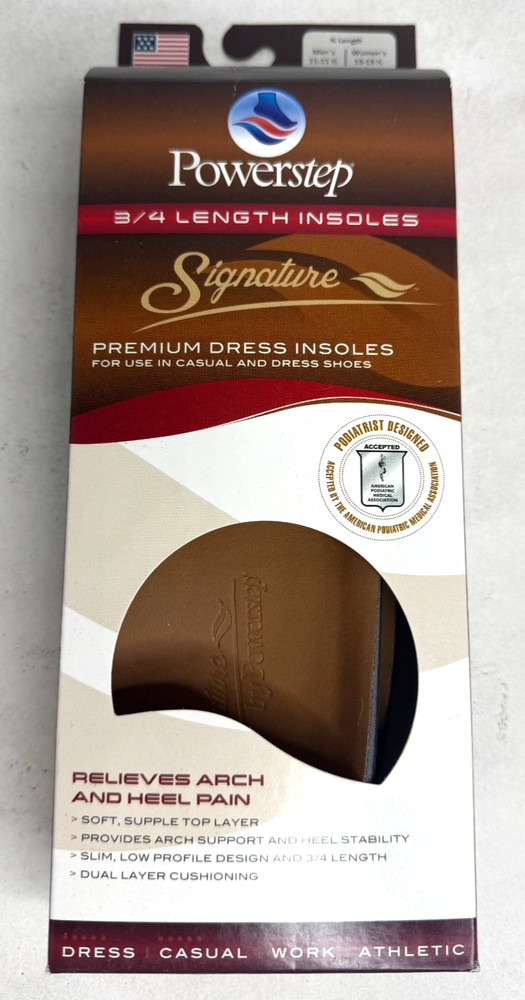 Powerstep Signature Leather Orthotic Supports 3/4 Length Insoles Size – E