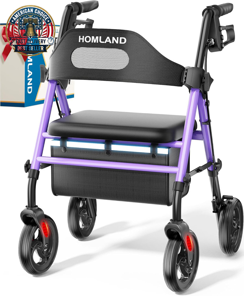 Foldable Rollator Walkers with Seat for Seniors, 8“ Big Wheels, 350 Lb. Weight
