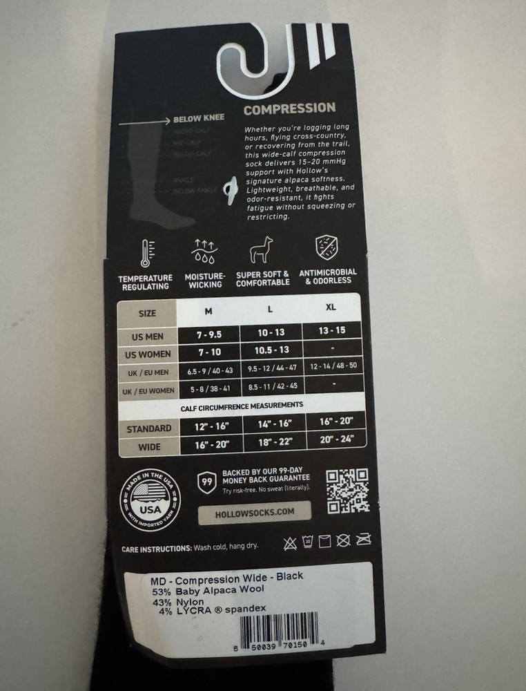 Hollow Baby Alpaca Compression Socks 15-20 mmHg Wide Calf Black M