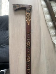 Vintage Polish Folk Art Zakopane Hand Carved Wood Walking Cane Axe Hatchet