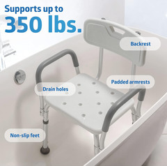 Medline Shower Chair with Back Padded Armrests Adjustable 16-21 350lb