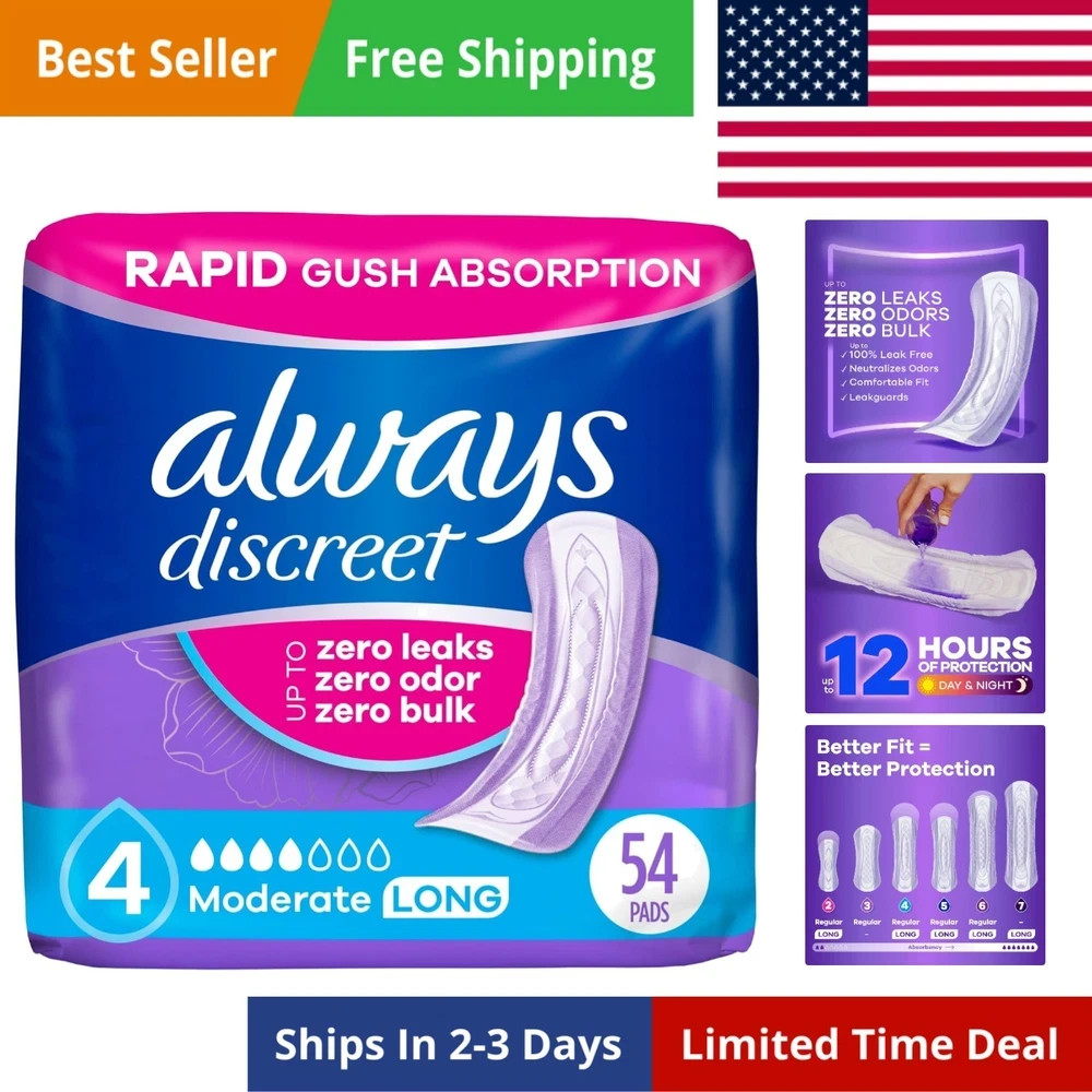 Always Discreet Incontinence Pads for Women Moderate Absorbency Long Length 54