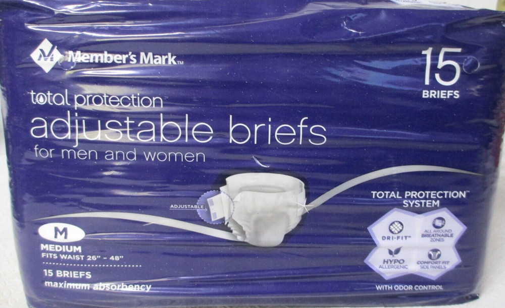 Members Mark Total Protection Adjustable Briefs Men & Women Medium pack of 15