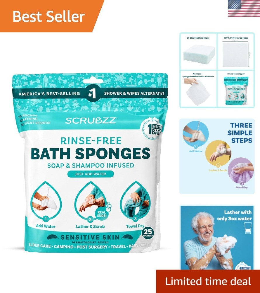 All-in-One Rinse-Free Bathing Wipes – 25 Pack for Sensitive Skin Convenience