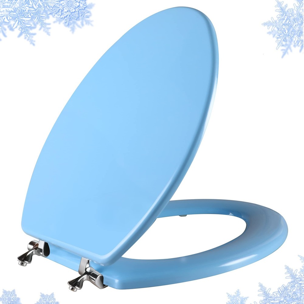 Blue Elongated Toilet Seat Natural Wood Toilet Seat with Zinc Alloy Hinges, E…