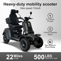 4 Wheel Electric Mobility Scooter Top Speed 15.53mph 1000W 60V HS4W-E4 Black/Red