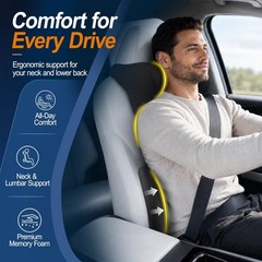 Lumbar Back Support Pillow Set for Car | Memory Foam Neck Headrest, Adjustable S