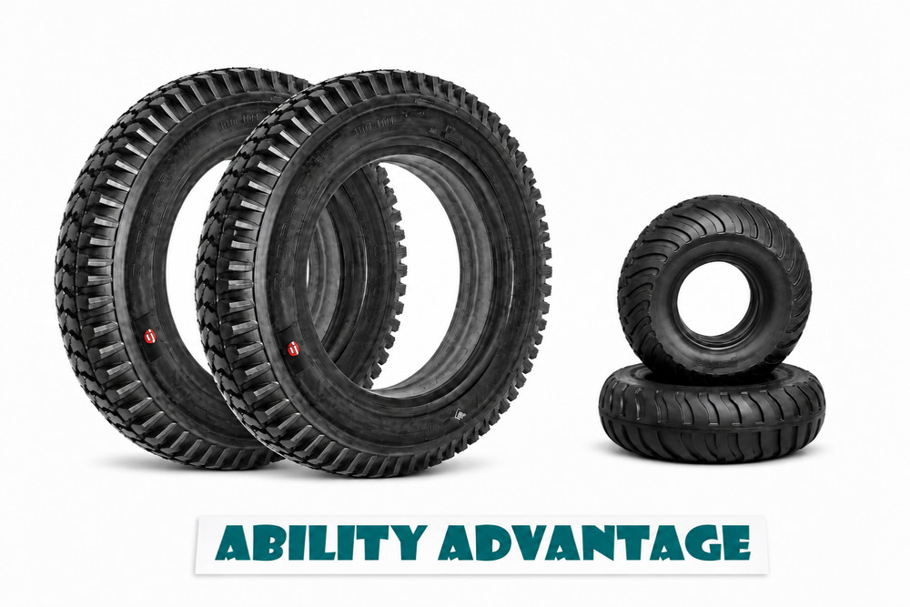2 New PERMOBIL FOAM FILLED TIRES and 2 AGGRESSIVE SOLID CASTER TIRES, no wheels.