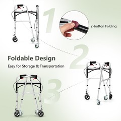 2-Button Folding Walker Height Adjustable Walking Aid with Seat 4 Wheels Brakes