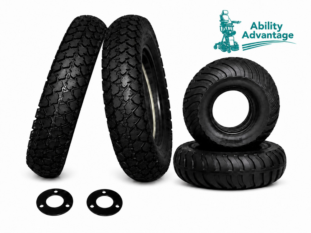 *2 14” PERMOBIL AGGRESSIVE FOAM FILLED (3.00-8), 2 AGGRESSIVE SOLID CASTER TIRES