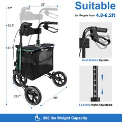 3-Wheel Rolling Walker 260lbs Folding Rollator Walker with 8in Wheels Seat Green