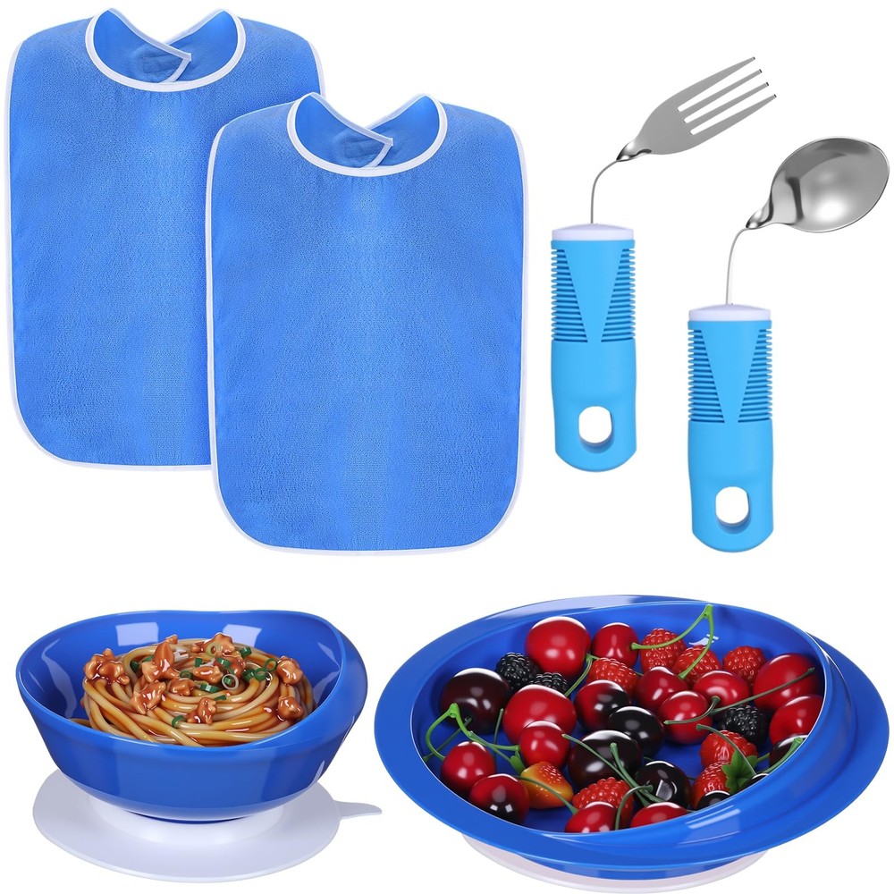 Adaptive Utensil Bib Bowl Plate Set Weight Cutlery Hand Arthritis Blue 6 PCS
