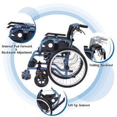 Medwarm Foldable Lightweight Wheelchairs with 22 Inch Rear Wheel, Blue