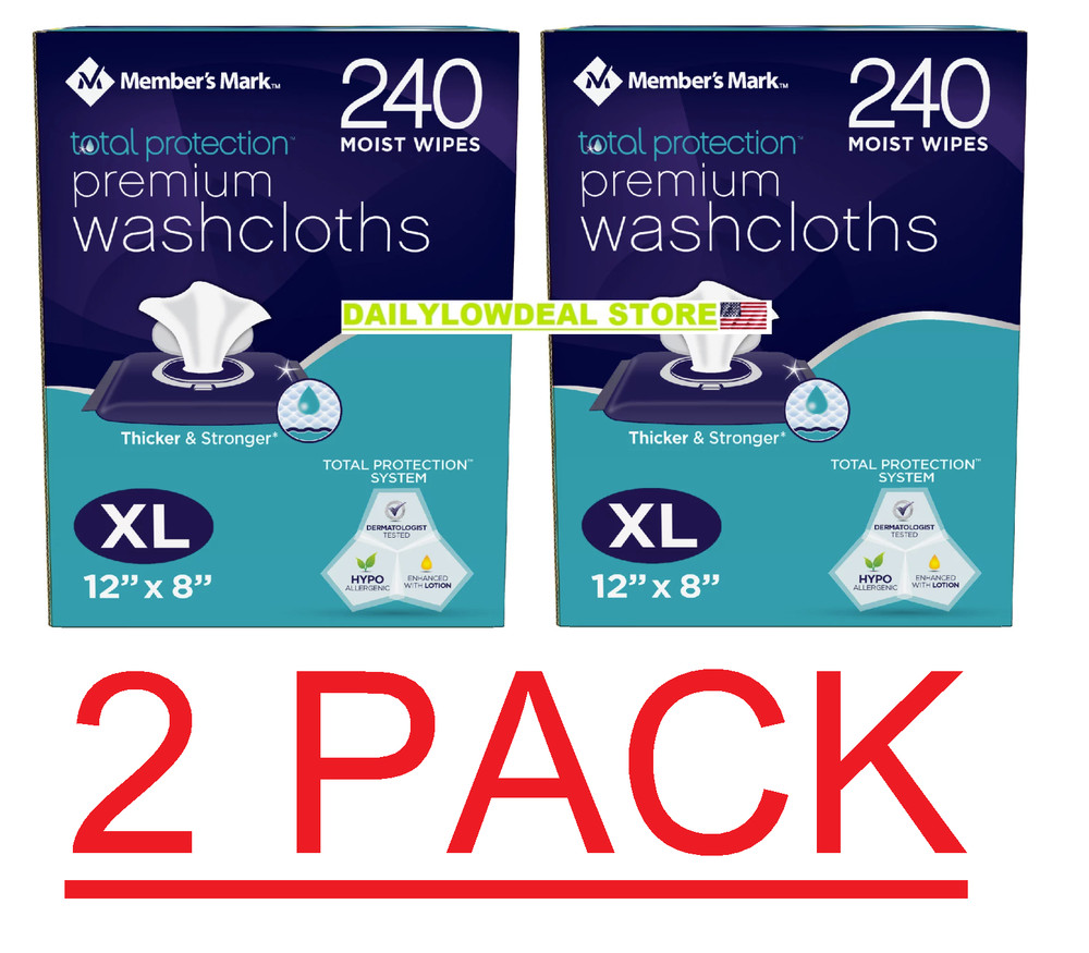 2 PACK Member’s Mark 240 Adult Washcloth Disposable Moist Hand Face Body Wipes