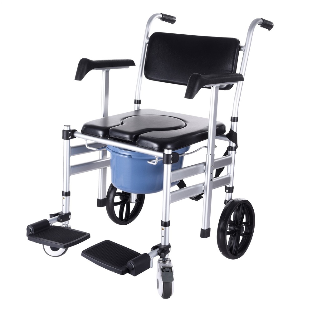 Heavy-Duty Folding Commode Chair W/ Wheels, Shower/Bedroom, Elderly & Disabled–