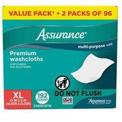 2pk Assurance Premium Disposable Washcloths Pre-Moistened Body Wipes, XL, 192 Ct
