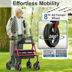HOMLAND Foldable Rollator Walker with Seat, 350 lb Capacity, Red