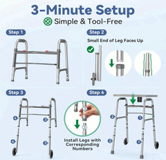 Folding Walker w/ Tray & 5″ Wheels, Adjustable Lightweight Walker, Silver
