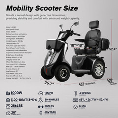 Heavy Duty 4 Wheel Mobility Scooters for Seniors 1000W 40 Miles 500 lb Capacity