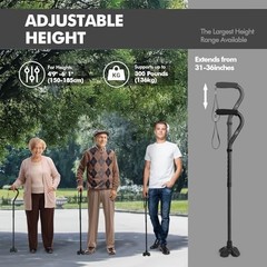 Walking Cane Offset Handle Quad Base 31-36 Inch Adjustable Lightweight Aluminum