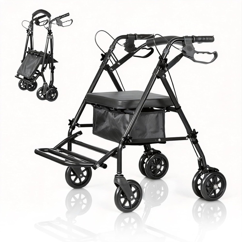 Rollator Walker with Seat, Foot Pedal, Underseat Storage, Foldable Walking Chair