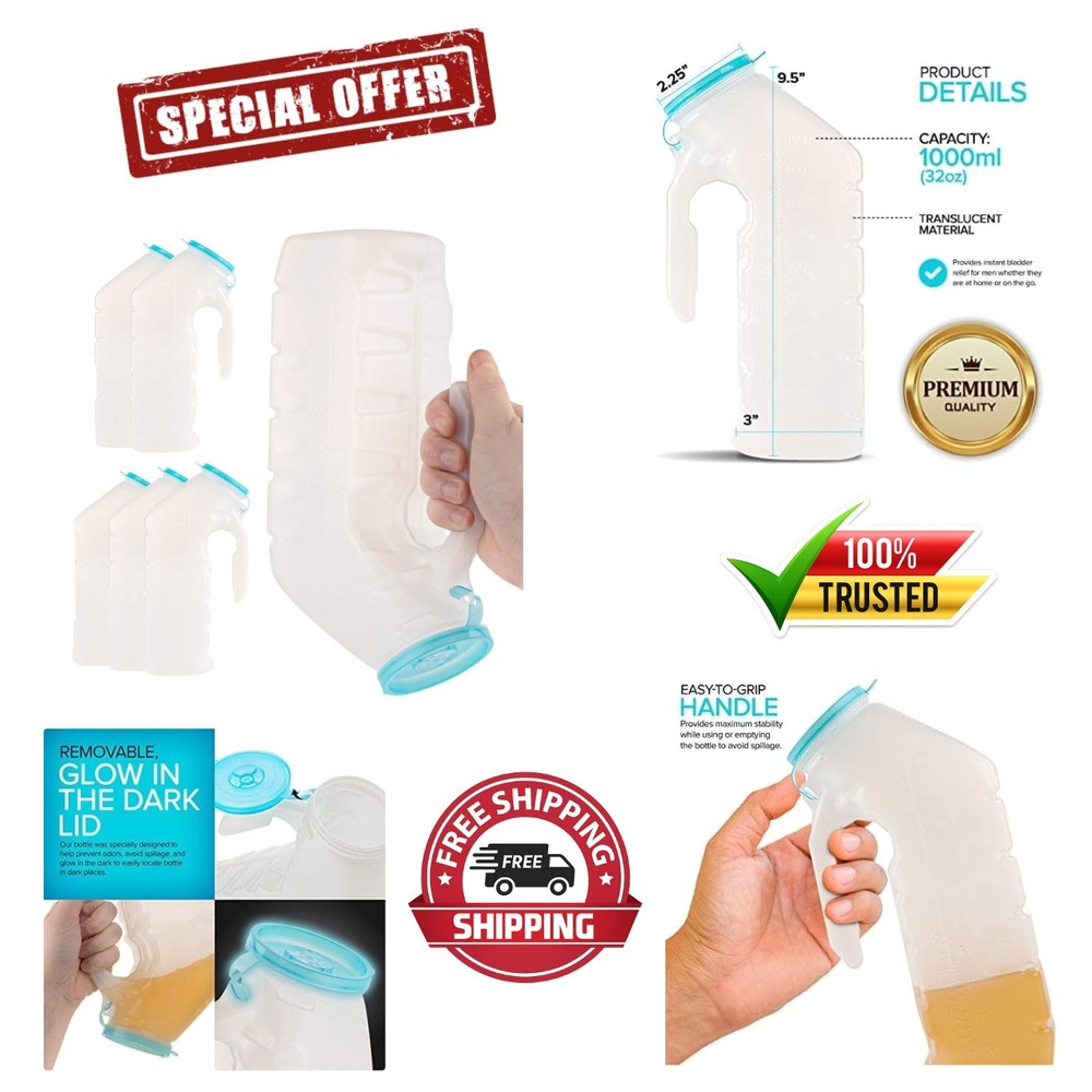 6 Pack Male Urinal Bottles with Glow in the Dark Lid for Travel & Emergency