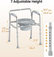 3 in 1 Bedside Commode Toilet for Seniors, Sturdy Dual-Crossbar | Height Adju…
