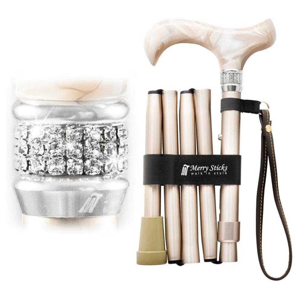 Merry Sticks Folding Walking Cane Champagne Gold Rhinestone Pearl Handle NIB