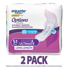 Equate Options Incontinence Pads for Women, Ultimate, Long, Unscented, 102 Count