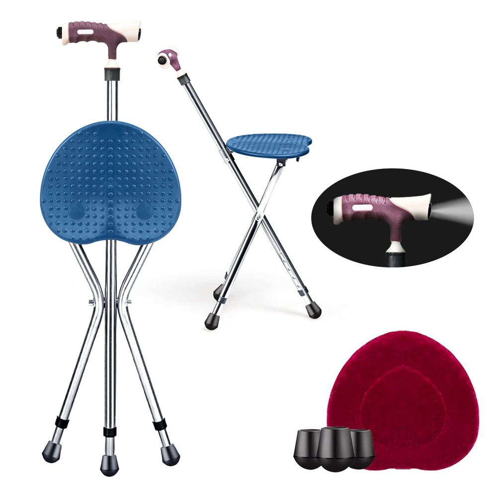 Goplus Walking Cane Seat Folding Cane Chair Heavy Duty Aluminum Alloy Crutch