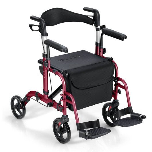 Folding Rollator Walker with Seat and Wheels Supports up to 300 lbs-Red – Color: