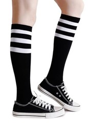 Cotton Knee High Socks Triple Stripes Over the Calf Retro 9-13 A03-black/White