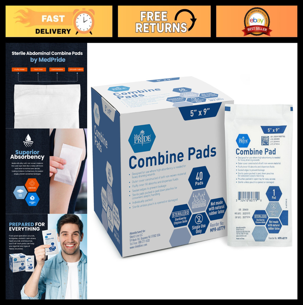 High Absorbency ABD Pads 5″x9″ – 40 Sterile Wound Dressings, Latex Free, Single