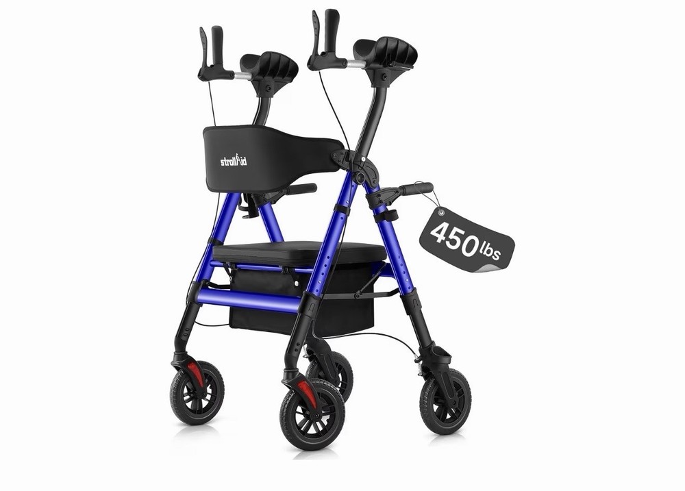 StrollAid 2-in-1 Rollator Walker Transport Chair 450 lb Heavy Duty Blue