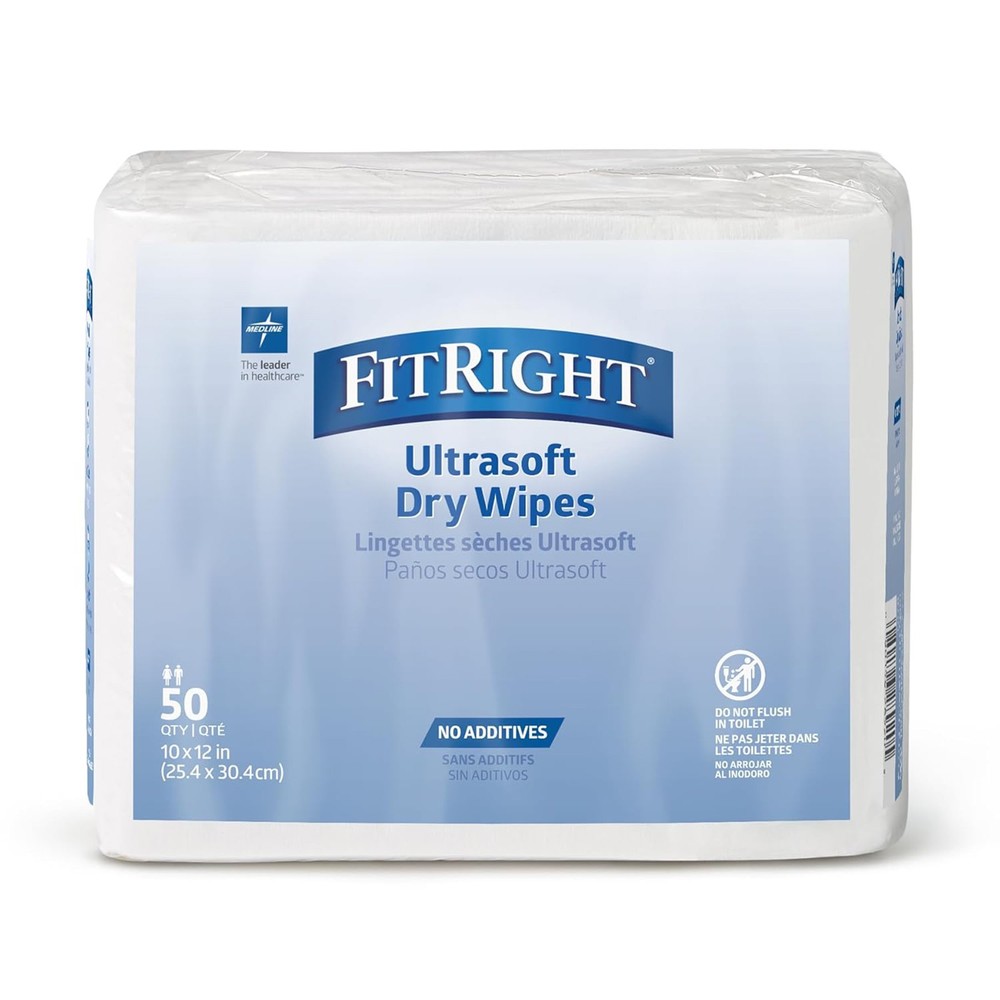 Medline Ultrasoft Absorbent Dry Cleansing Wipes, 10″ x 12″ (10 packs, 500 Count)