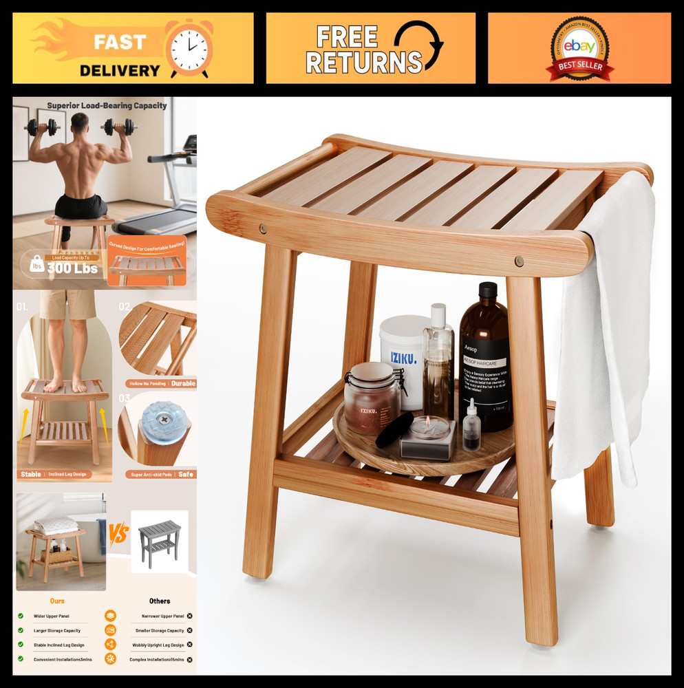 Waterproof Bamboo Shower Bench Stool with Storage Shelf – Spa Bathroom Chair