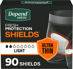 Depend Shields Incontinence Pads for Men, Light Absorbency, 90 Count, Packaging