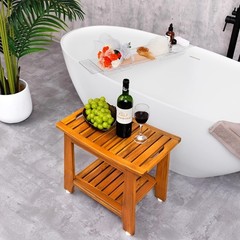 14″ Compact Teak Shower Stool with Shelf & Handle-Waterproof,Non-Slip Bath Bench