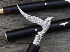 Silver Flying Eagle Bird Handle Walking Cane Wooden Hiking Stick Gift Mobility